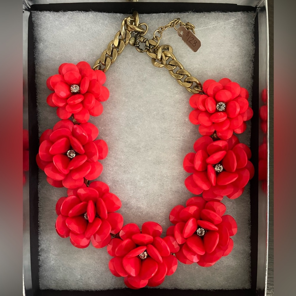 NWOT J. Crew Red Flower Bib Statement Necklace
